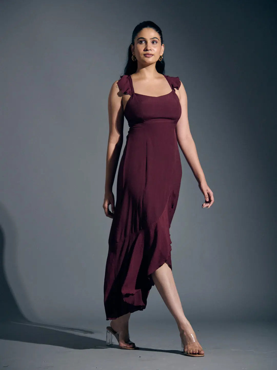 Stylish wine frill linen dress for women, featuring a flattering silhouette and elegant straps