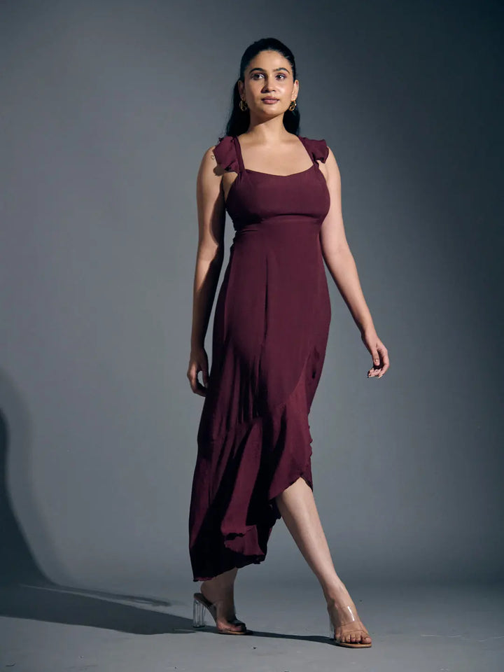 Stylish wine frill linen dress for women, featuring a flattering silhouette and elegant straps