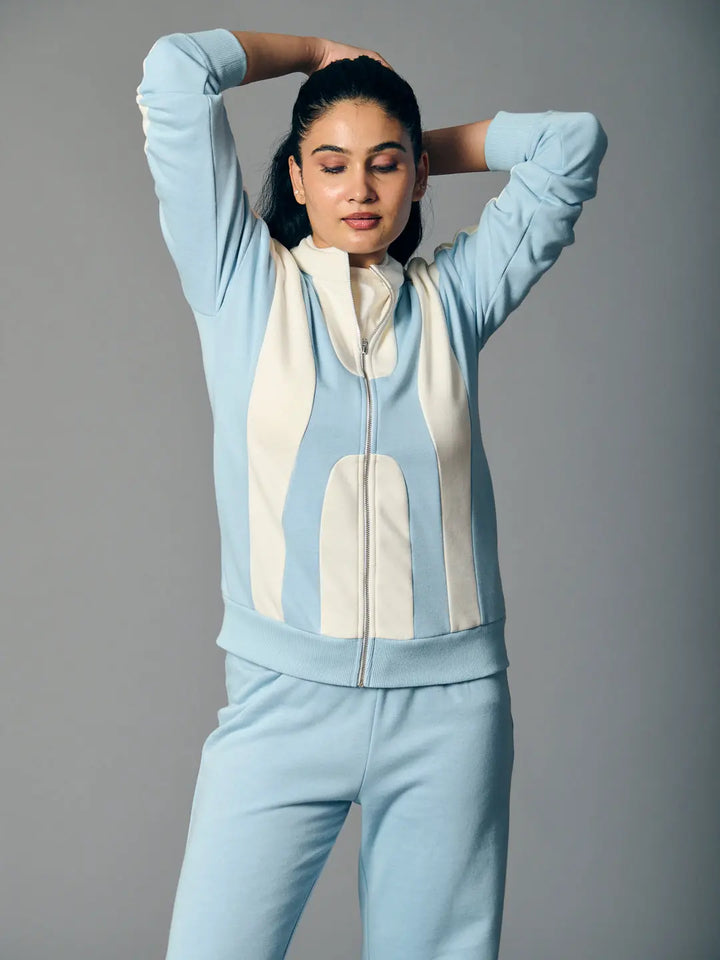 Light blue bold edge sweatshirt for women with a stylish design and zip closure