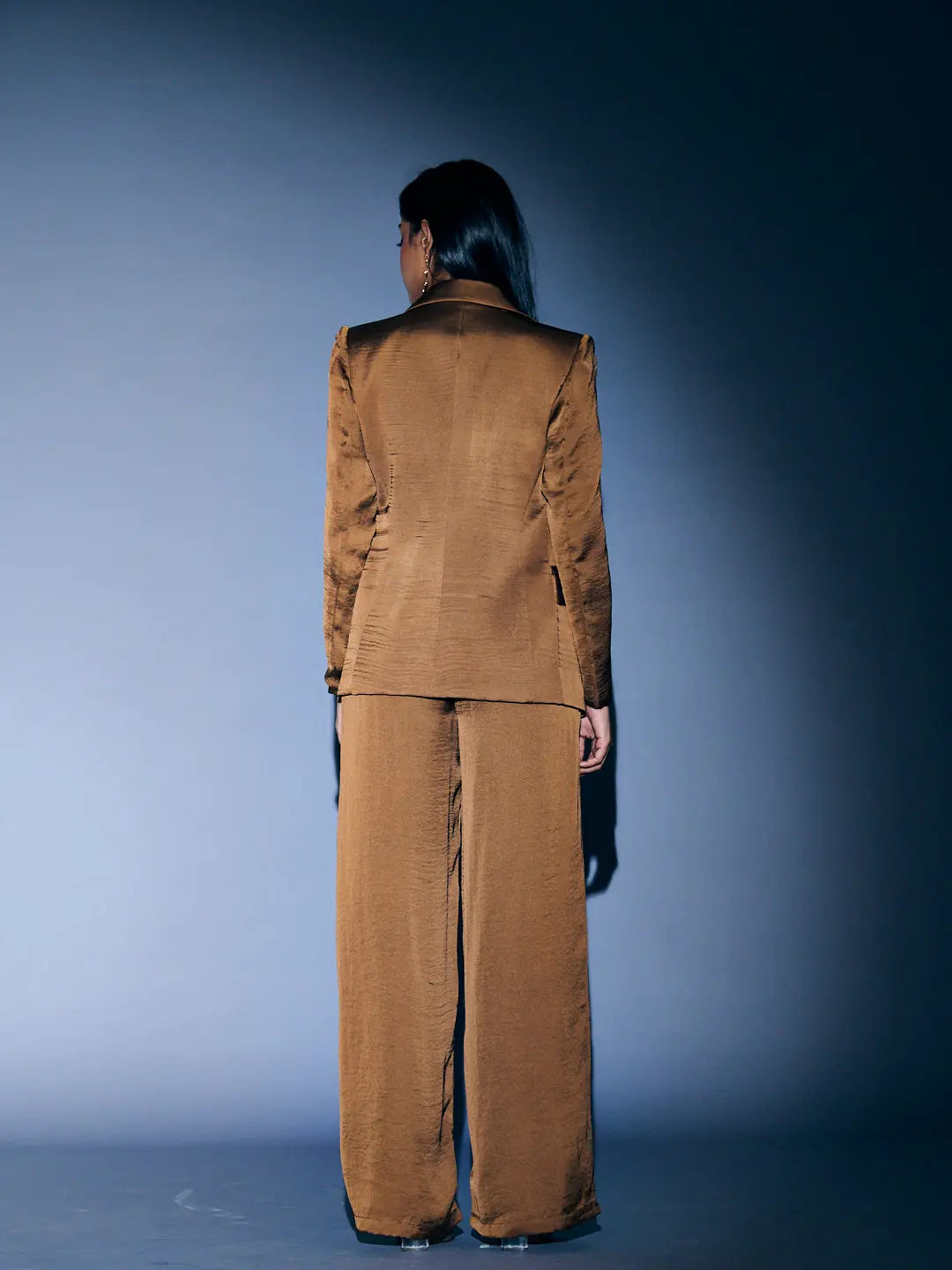 Risate women's 3 piece coord set in brown featuring a blazer and wide-leg pants