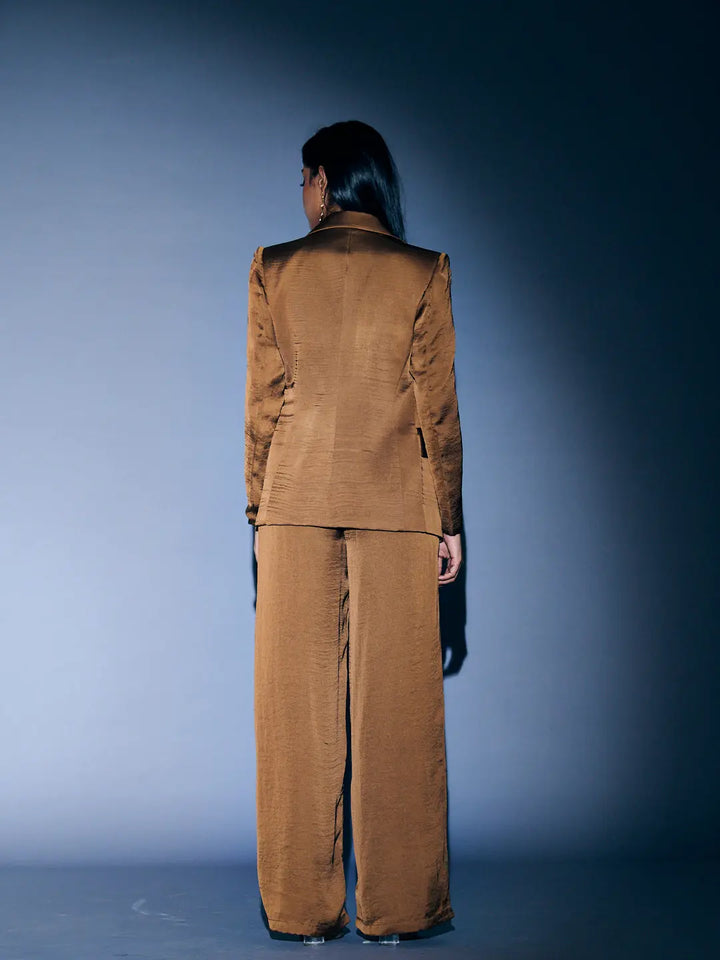 Risate women's 3 piece coord set in brown featuring a blazer and wide-leg pants