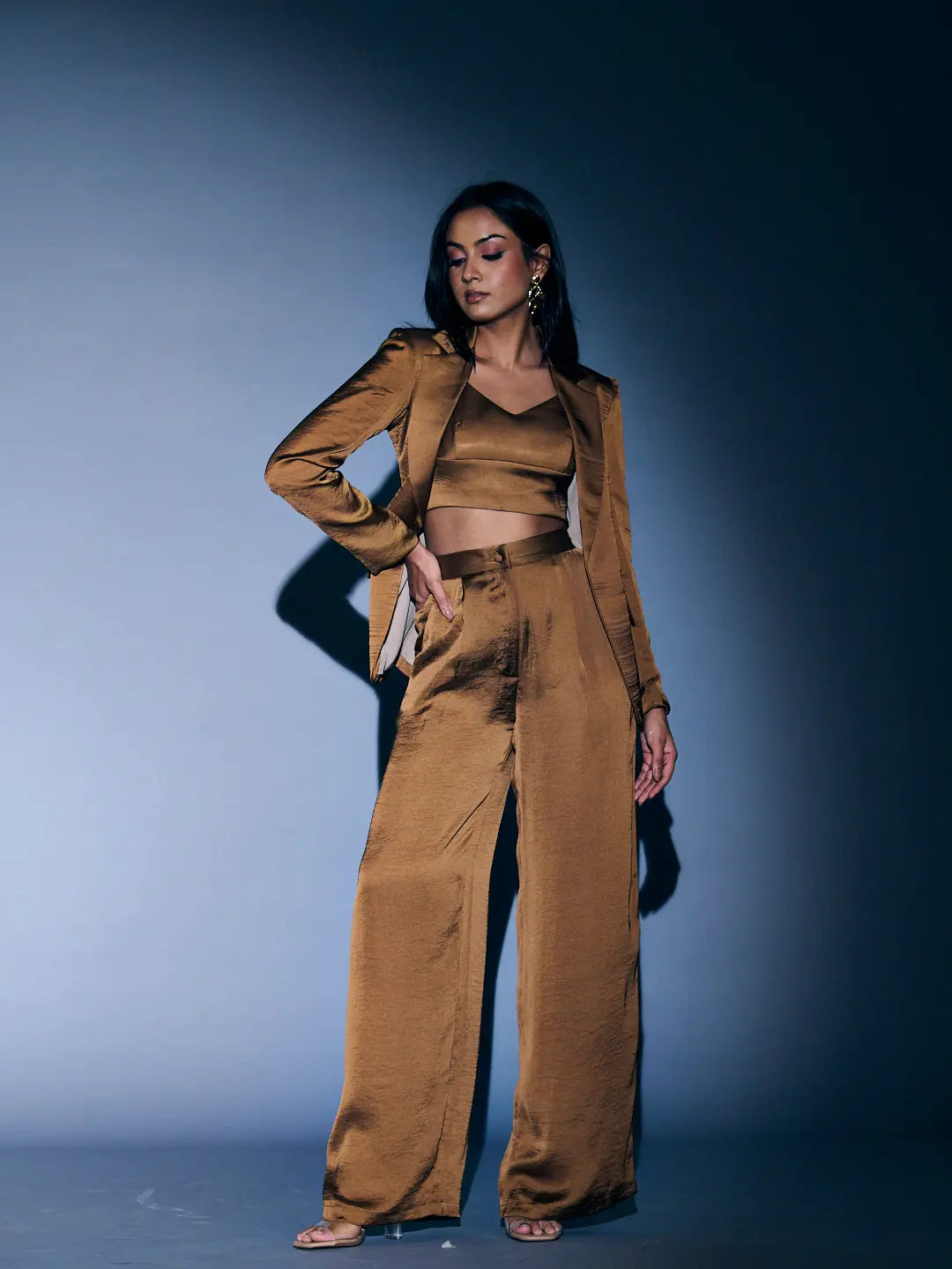 Risate women's 3 piece coord set in brown featuring a tailored blazer, crop top, and wide-leg pants