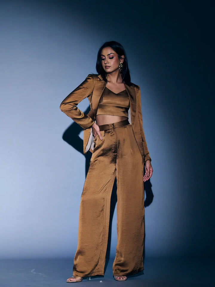 Risate women's 3 piece coord set in brown featuring a tailored blazer, crop top, and wide-leg pants