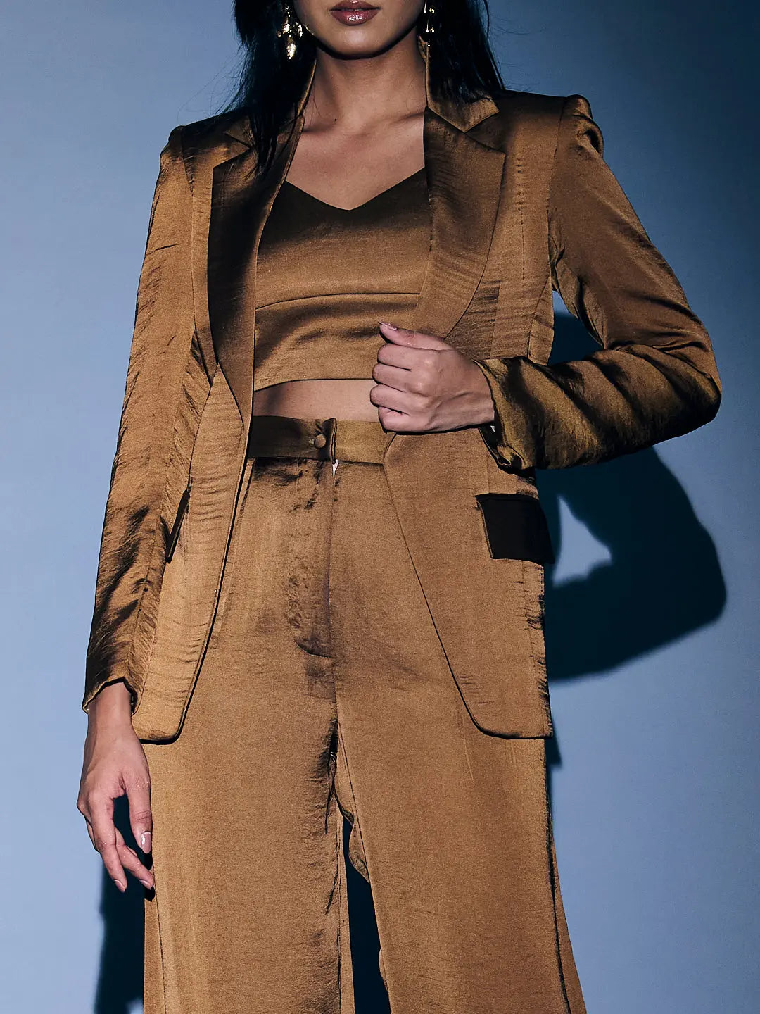 Risate women's 3 piece coord set featuring a blazer, cropped top, and wide-leg pants in a rich brown hue