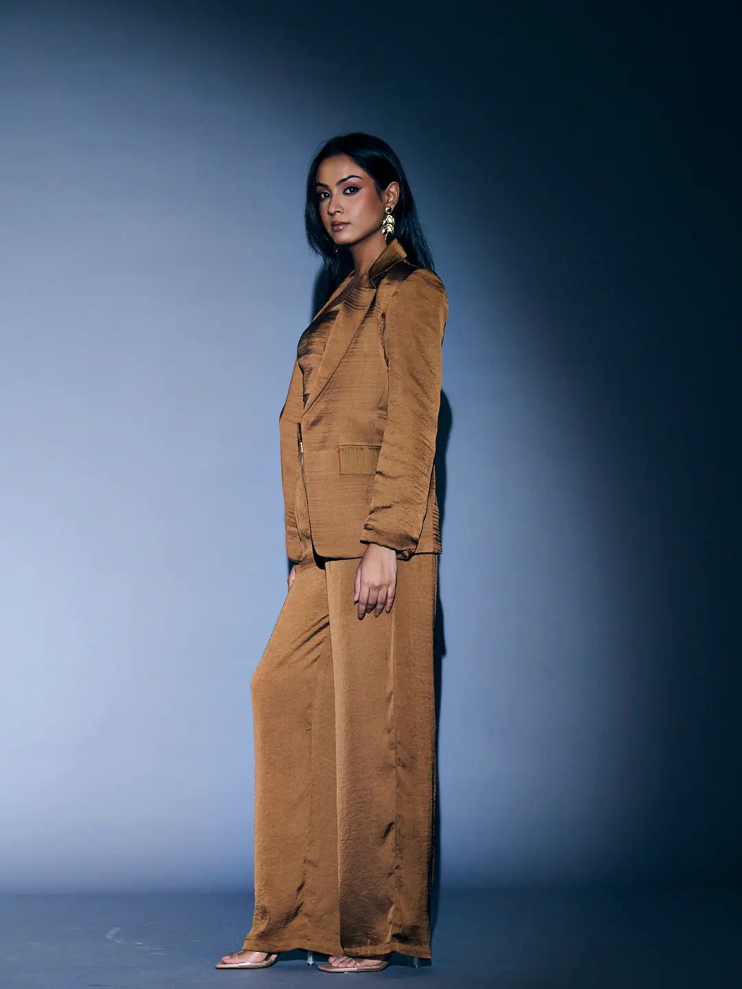 Risate women's 3 piece coord set in brown with stylish blazer and wide-leg pants