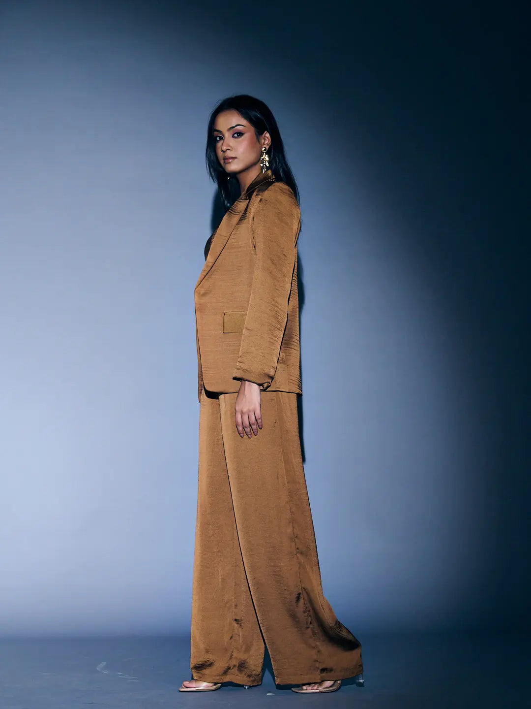 Risate women's 3 piece coord set in brown featuring a stylish jacket and wide-leg pants