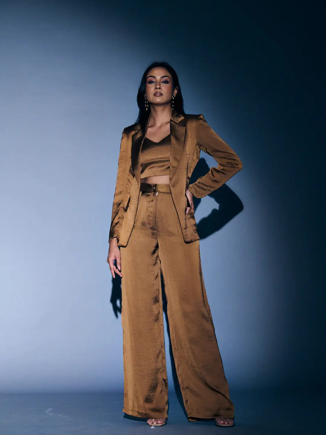 Risate women's 3 piece coord set in bronze with stylish blazer, crop top, and wide-leg pants