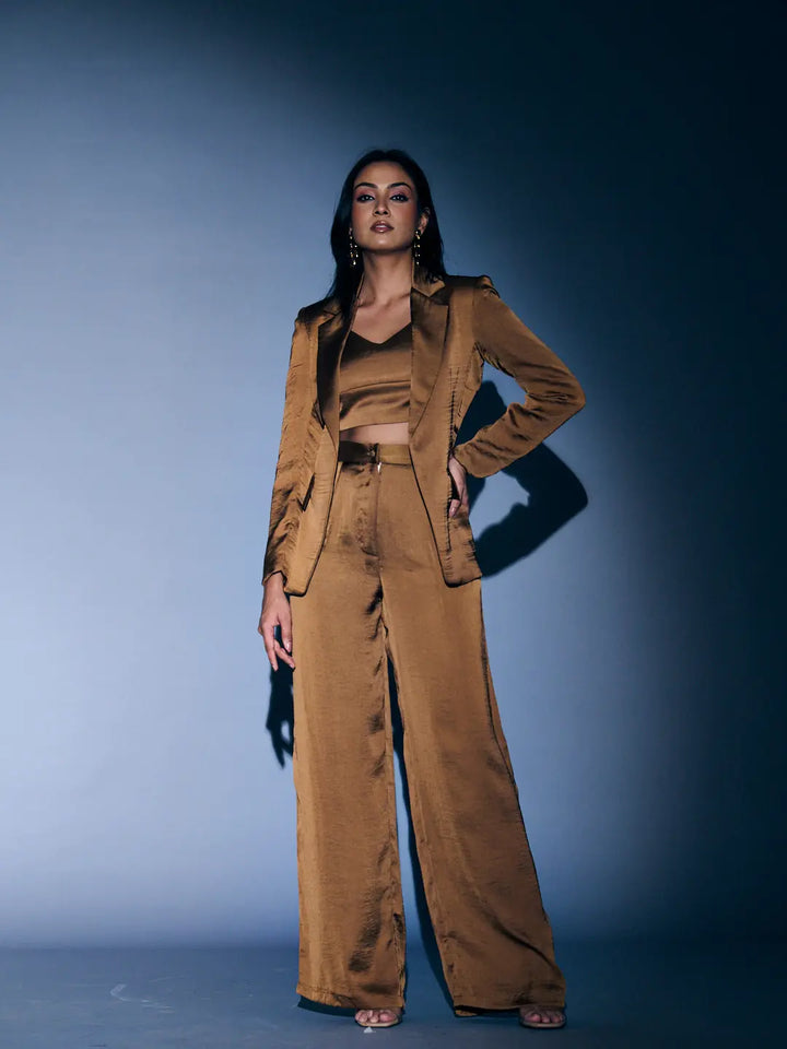 Risate women's 3 piece coord set in bronze with stylish blazer, crop top, and wide-leg pants