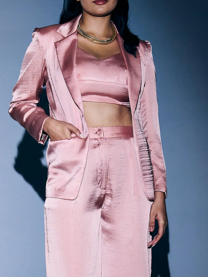 Risate women's 3 piece coord set in soft pink featuring a blazer, crop top, and wide-leg pants