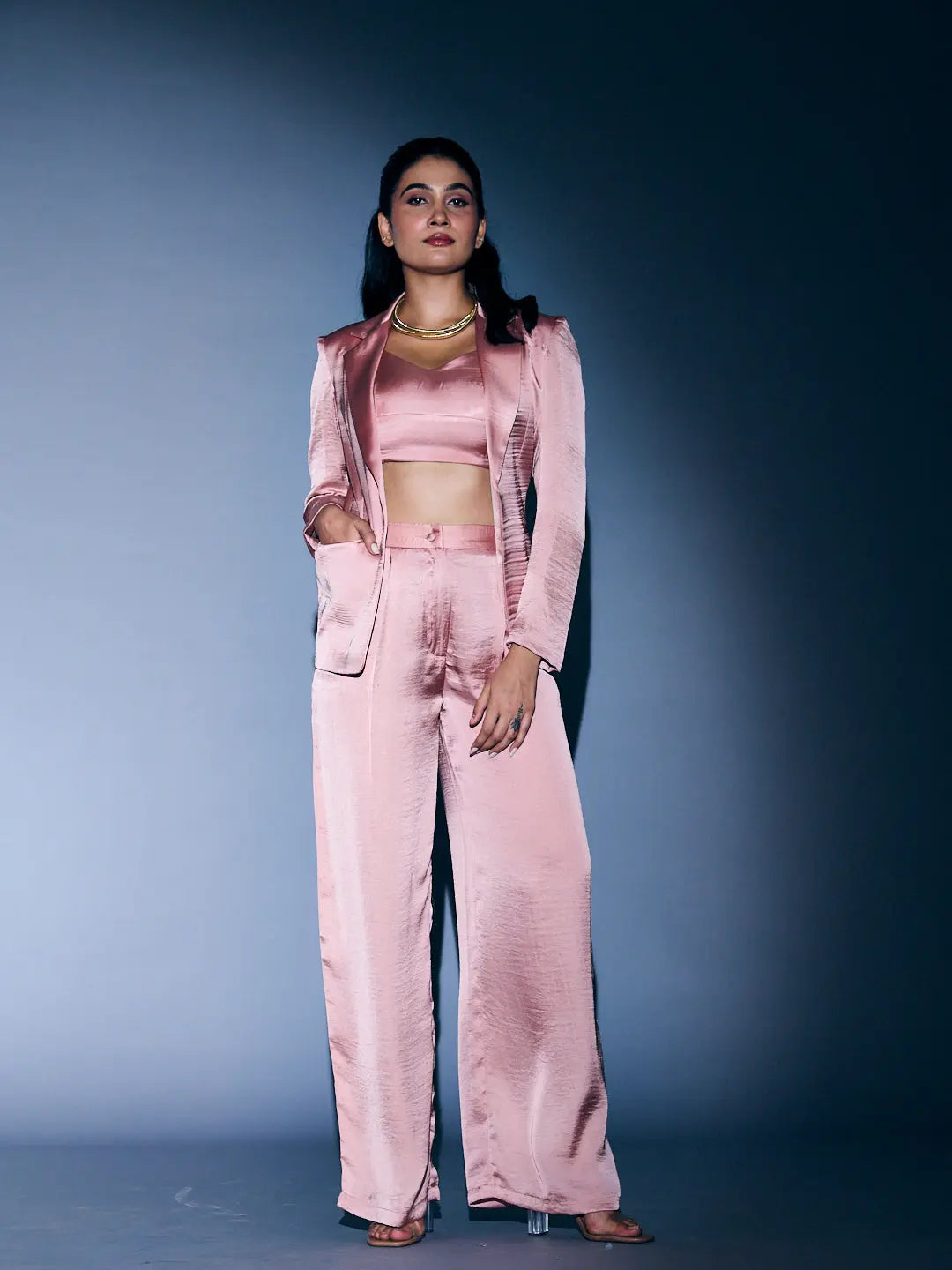 Elegant Risate women's 3 piece coord set in soft pink satin with a cropped top and wide-leg pants