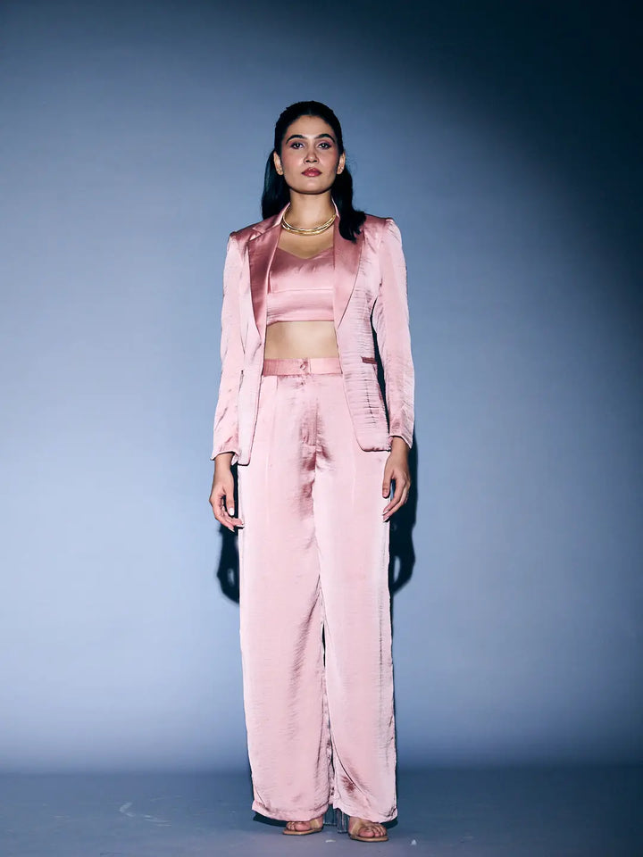 Model showcasing Risate women's 3 piece coord set in satin fabric with stylish blazer and wide-leg pants