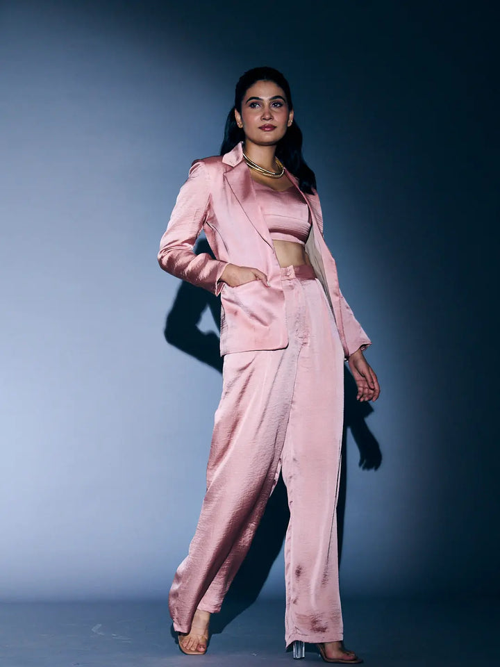 Risate women's 3 piece coord set in pink satin featuring a blazer, crop top, and wide-leg pants