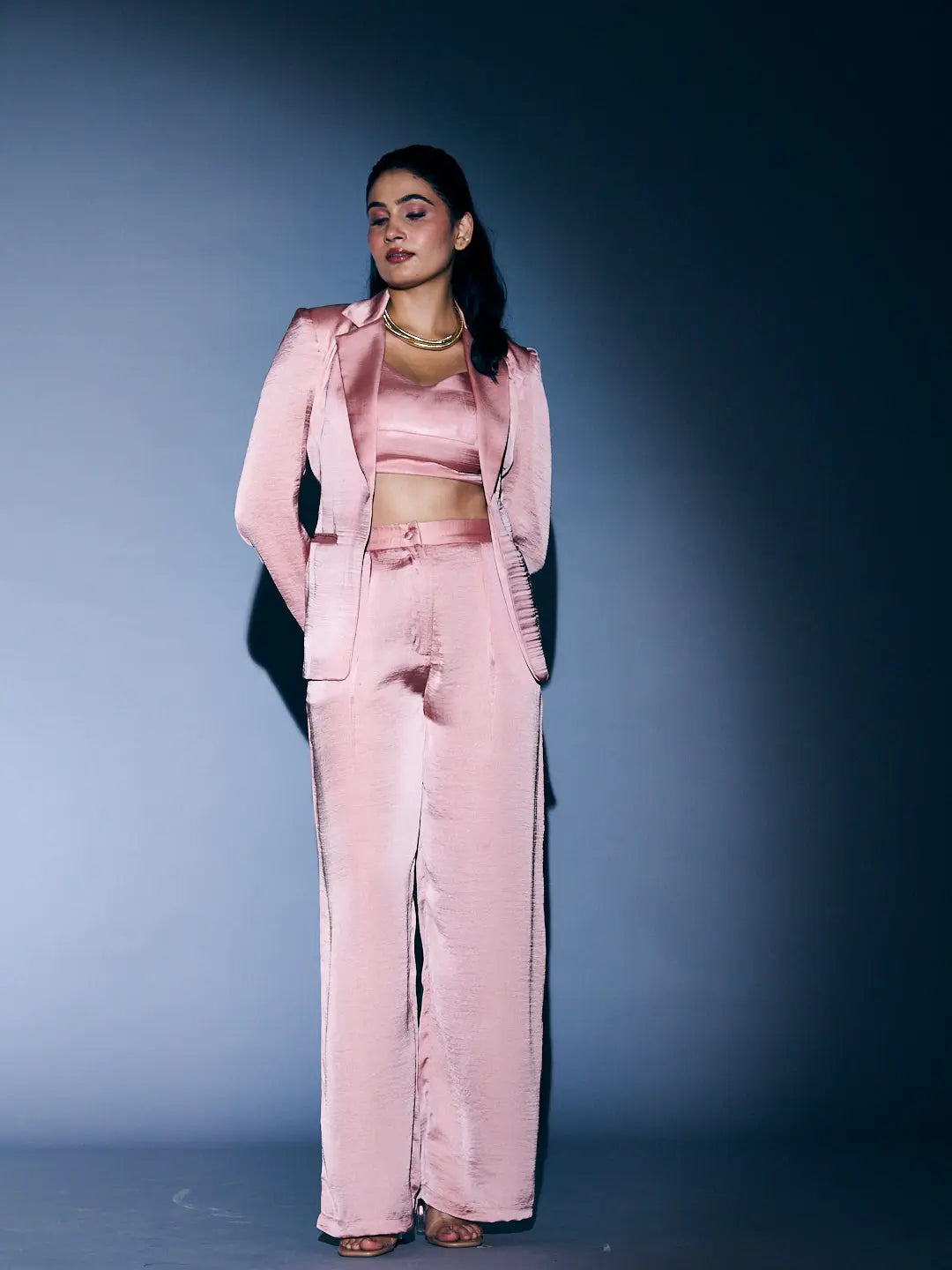 Risate women's 3 piece coord set in pink satin featuring a cropped top, blazer, and wide-leg pants