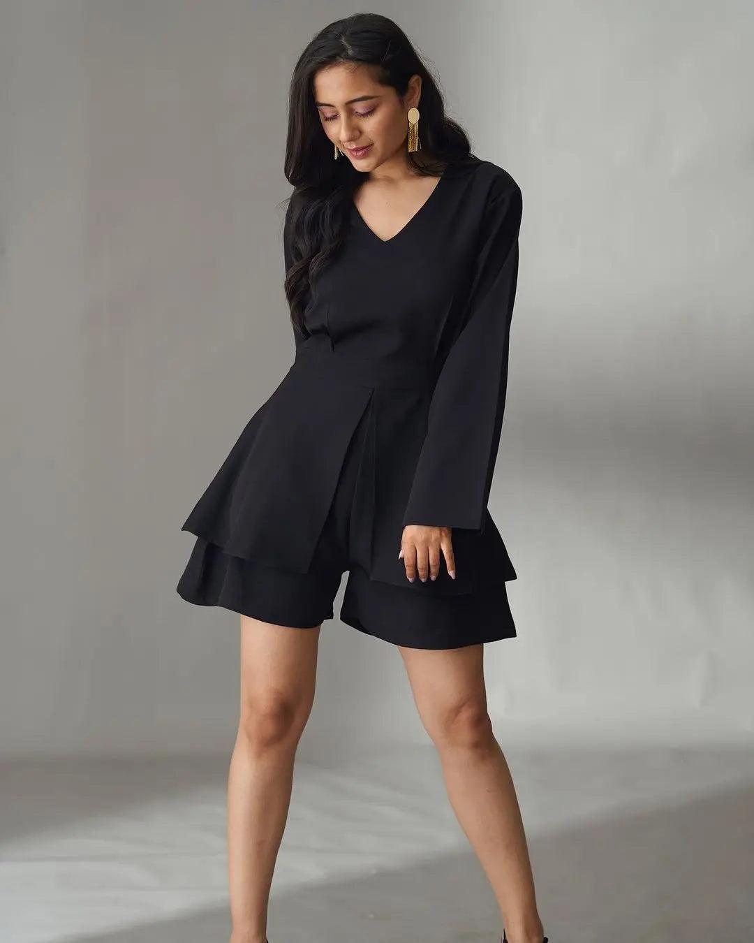 Stylish women's black jumpsuit with a V-neck and layered design for elegant occasions