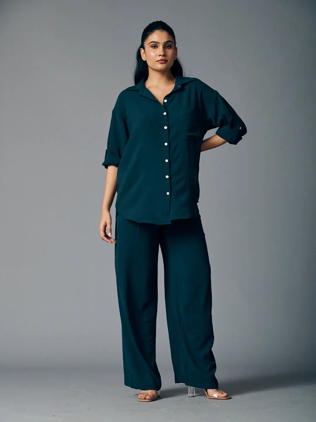 Risate women's classic shirt and pants set in teal with a stylish button-up design