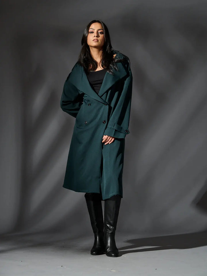 Risate women's classic trench coat in dark green with a stylish oversized fit and double-breasted design