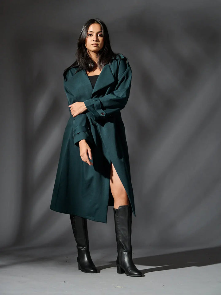 Risate women's classic trench coat in teal with a stylish design and side slit for contemporary fashion