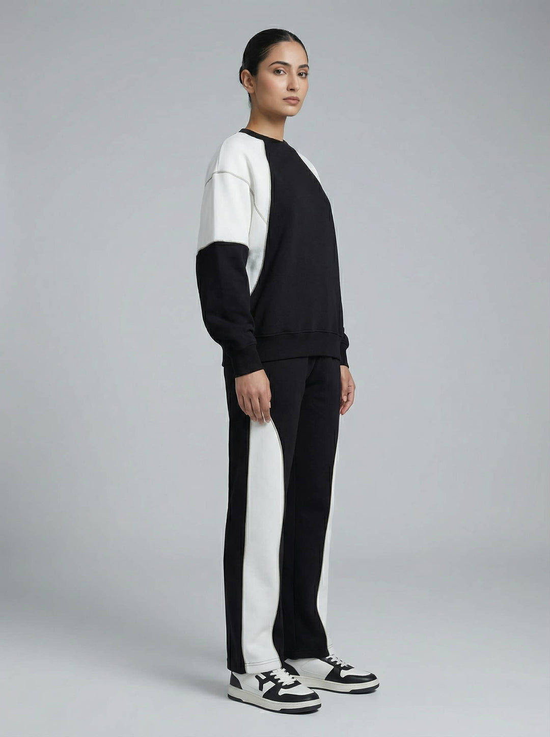 Risate women's co-ord set featuring a black and white color block design for a stylish look