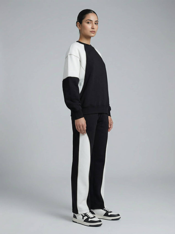 Risate women's co-ord set featuring a black and white color block design for a stylish look