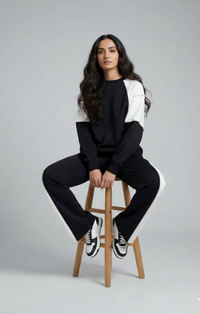 Stylish women's co-ord set in black and white featuring a relaxed fit for casual comfort