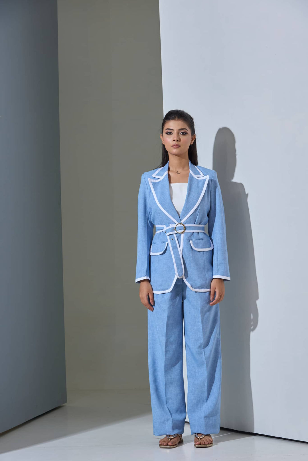 Risate women's co-ord set for office in blue with white trim and belted blazer
