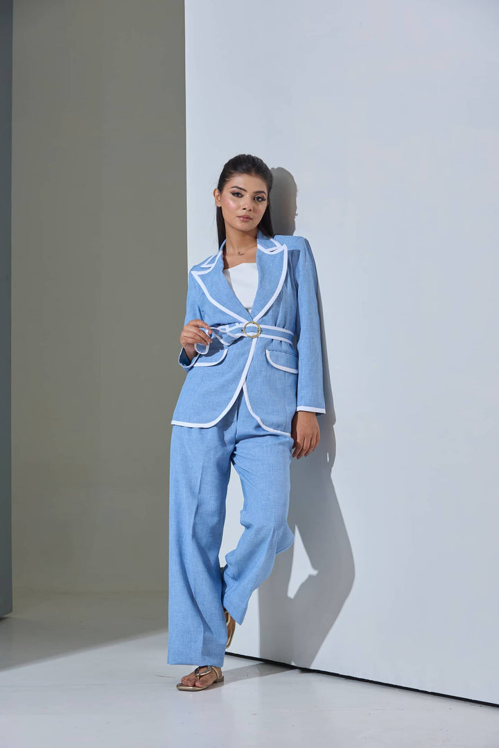 Stylish blue women's co-ord set for office featuring a blazer with white trim and matching relaxed trousers
