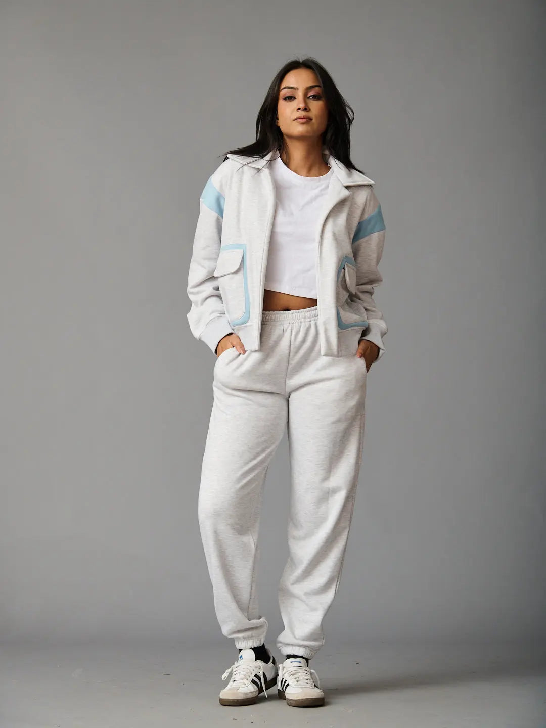 Risate women's co-ord set in gray with a cropped top and matching joggers for casual style.