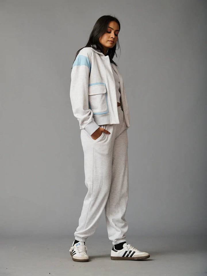 Risate women's co-ord set featuring a stylish gray jacket with blue accents and matching pants