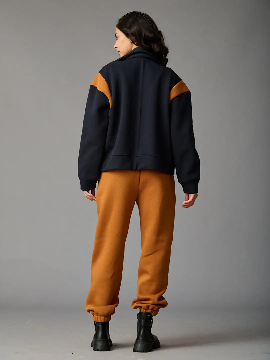 Risate women's co-ord set featuring a navy and brown color block design with a stylish fit