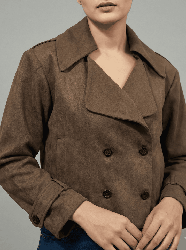 Stylish women's cocoa faux suede leather jacket with double-breasted design and classic collar