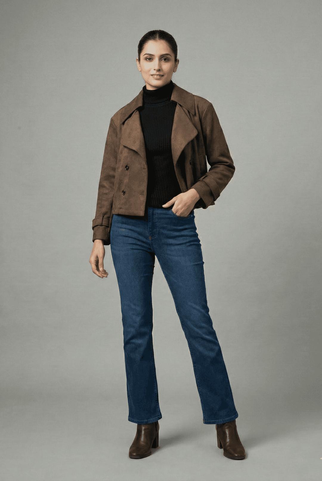 Woman wearing a women's cocoa faux suede leather jacket with a black turtleneck and blue jeans