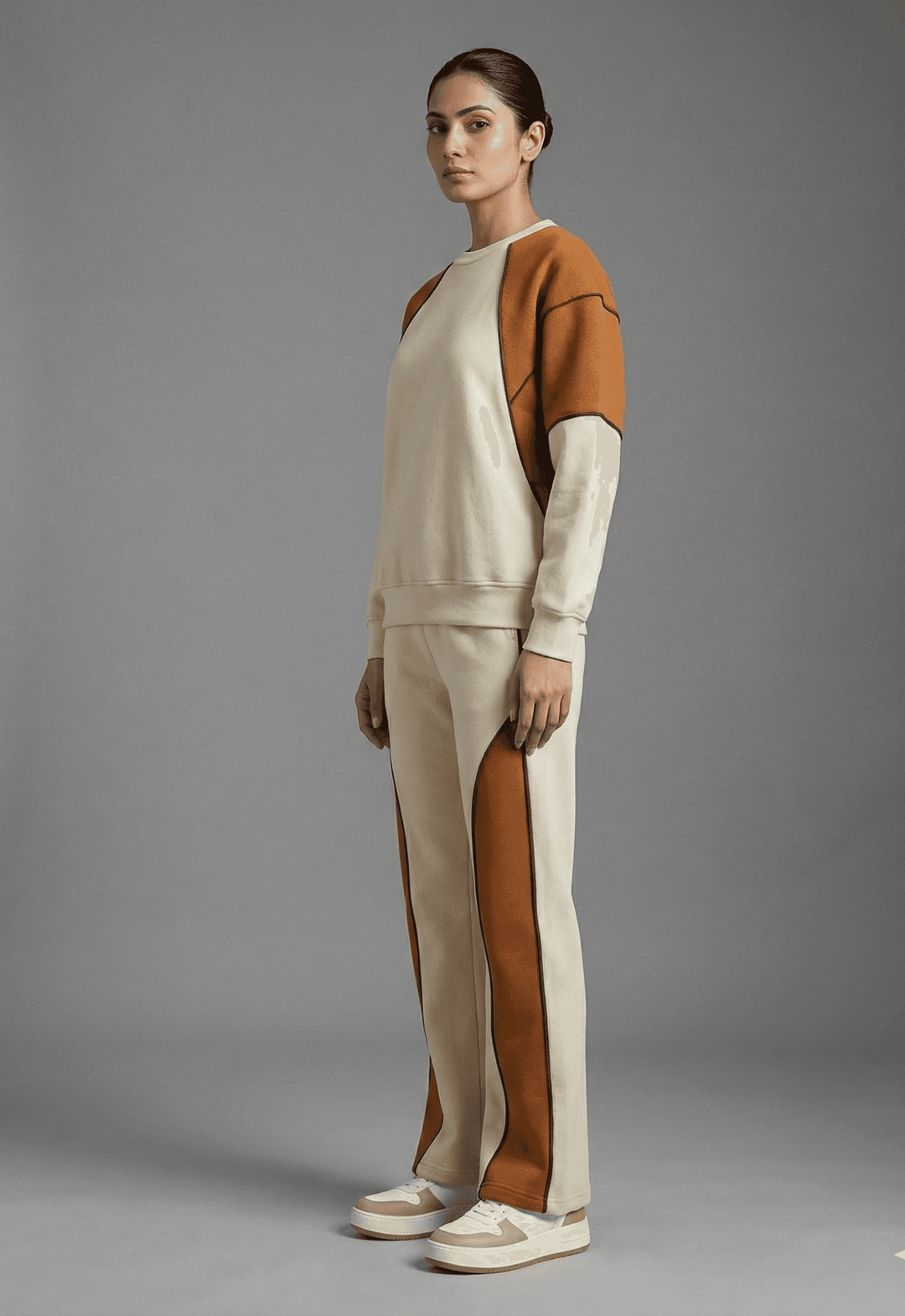 Risate women's colorblock co-ord set featuring a stylish beige and brown design for casual wear