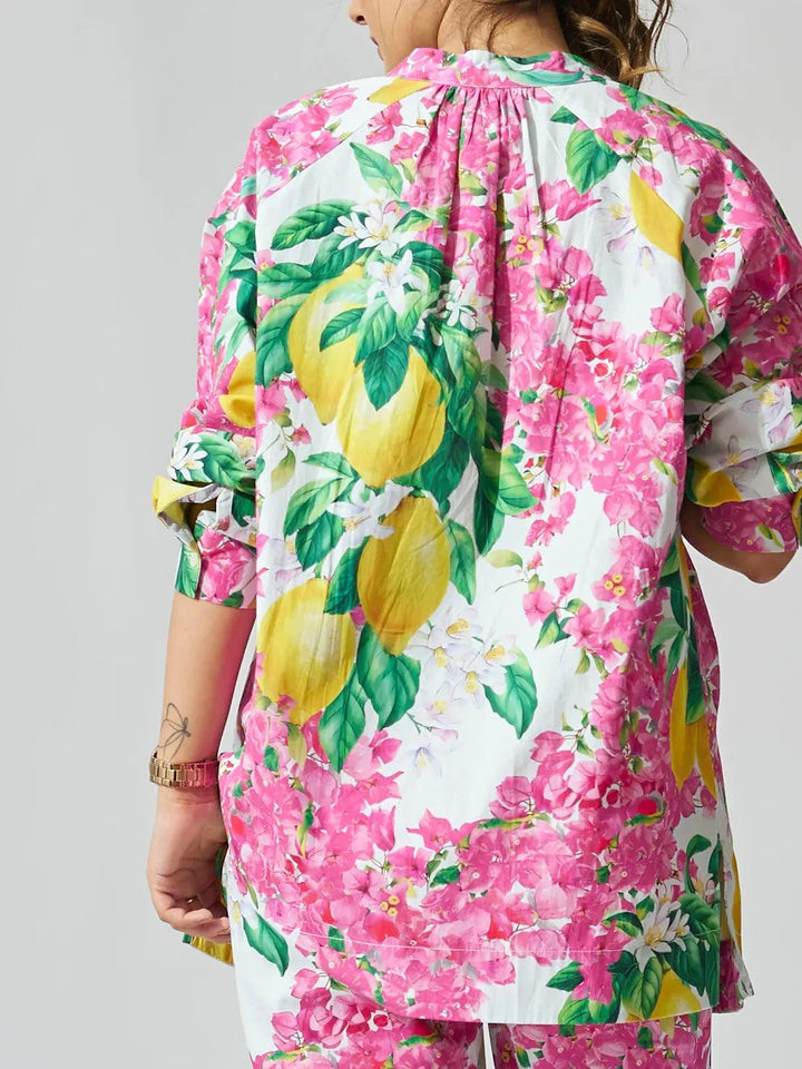 Women's cotton co-ord set with vibrant floral design featuring lemons and pink blossoms
