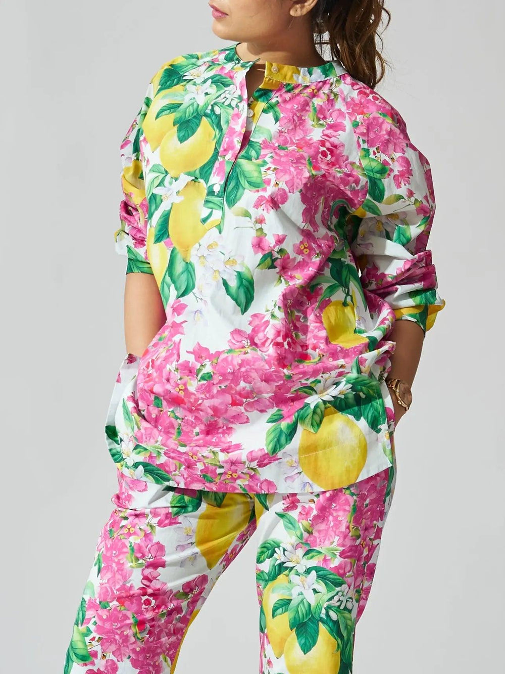 Risate women's cotton co-ord set with vibrant floral and citrus print for stylish comfort