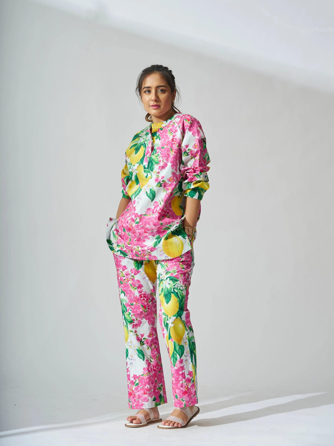 Risate women's cotton co-ord set featuring a vibrant floral and lemon print for stylish comfort