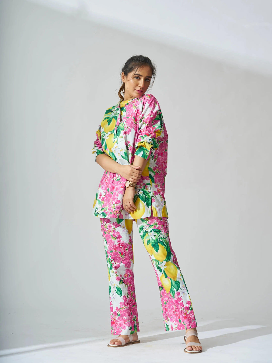 Bright women's cotton co-ord set featuring floral and lemon prints, perfect for casual outings