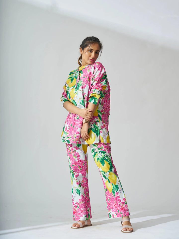 Bright women's cotton co-ord set featuring floral and lemon prints, perfect for casual outings