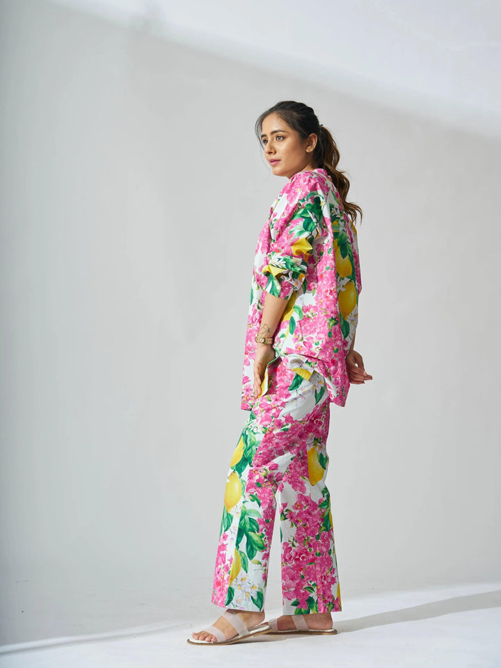 Risate women's cotton co-ord set featuring vibrant floral and lemon prints for a stylish look