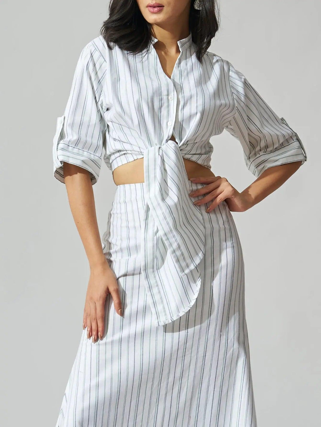 Risate women's cotton striped co-ord set featuring a tied crop top and matching skirt
