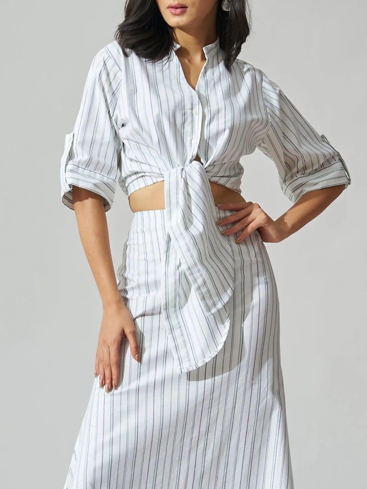 Risate women's cotton striped co-ord set featuring a tied crop top and matching skirt