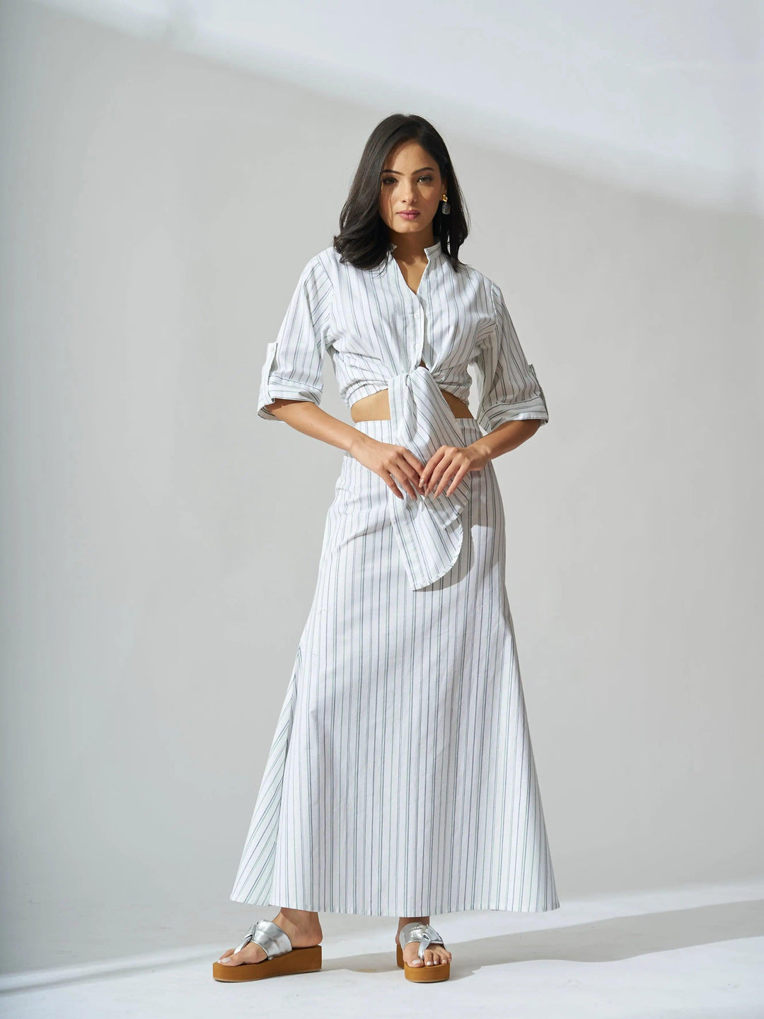 Risate women's cotton striped co-ord set featuring a tie-front top and a maxi skirt in light stripes