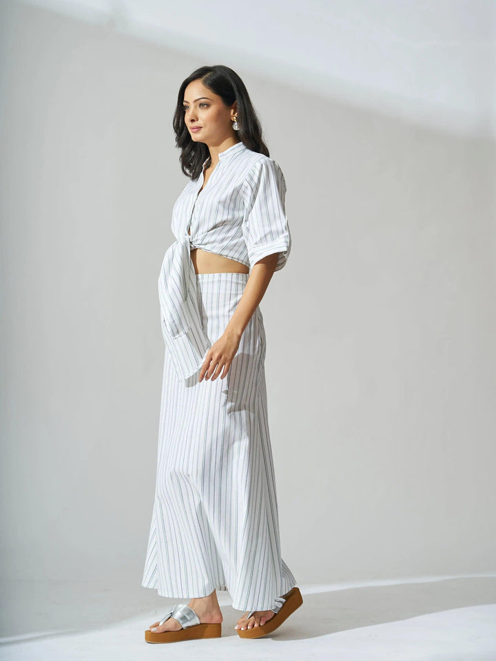 Stylish women's cotton striped co-ord set featuring a cropped top and matching skirt in light stripes