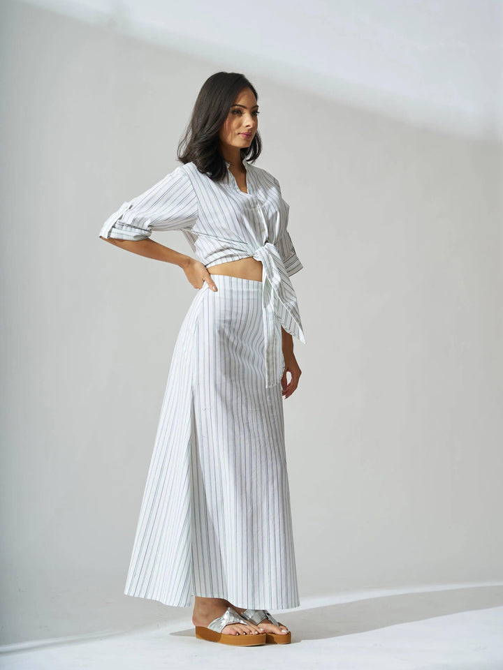 Women's cotton striped co-ord set featuring a tie-front top and a long skirt for a stylish look