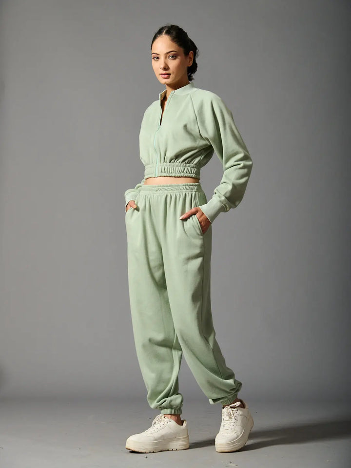 Risate women's cozy bomber set in soft green with a cropped bomber jacket and matching joggers