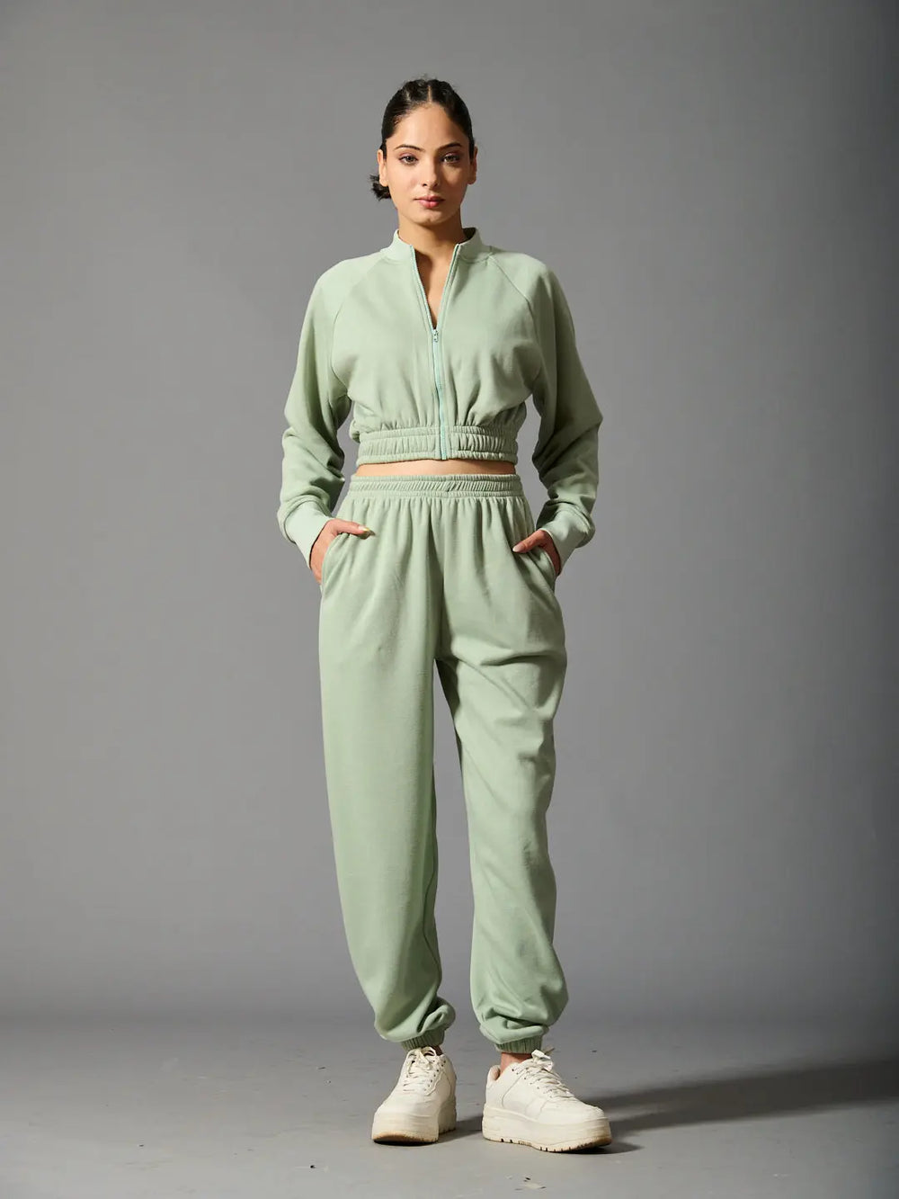 Risate women's cozy bomber set in green with zip-up jacket and matching jogger pants