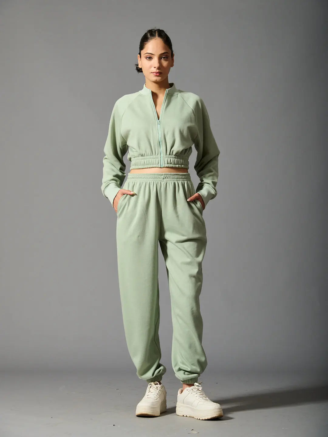 Risate women's cozy bomber set in green with zip-up jacket and matching jogger pants