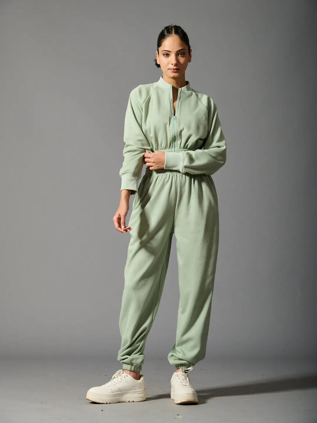 Risate women's cozy bomber set in soft green fabric, perfect for casual outings and lounging
