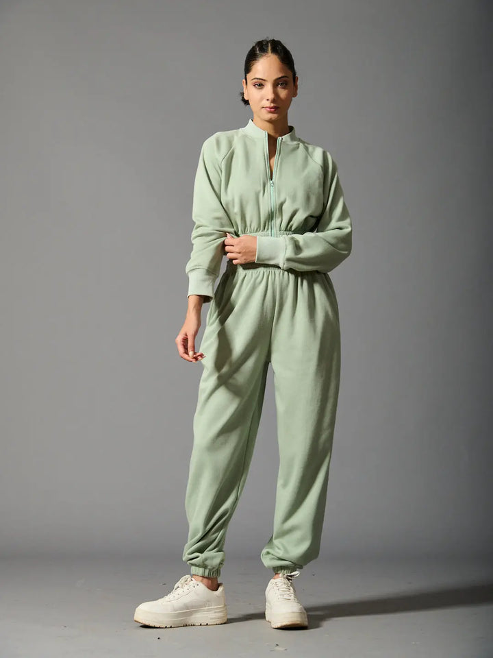 Risate women's cozy bomber set in soft green fabric, perfect for casual outings and lounging
