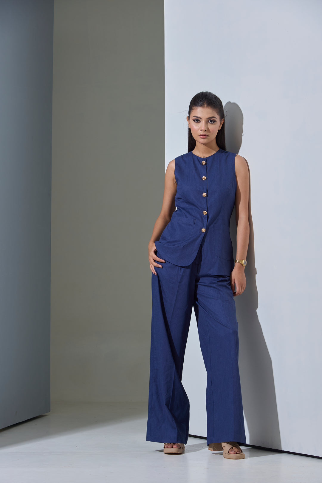 Risate women's denim co-ord set featuring a sleeveless top and wide-leg pants in dark blue