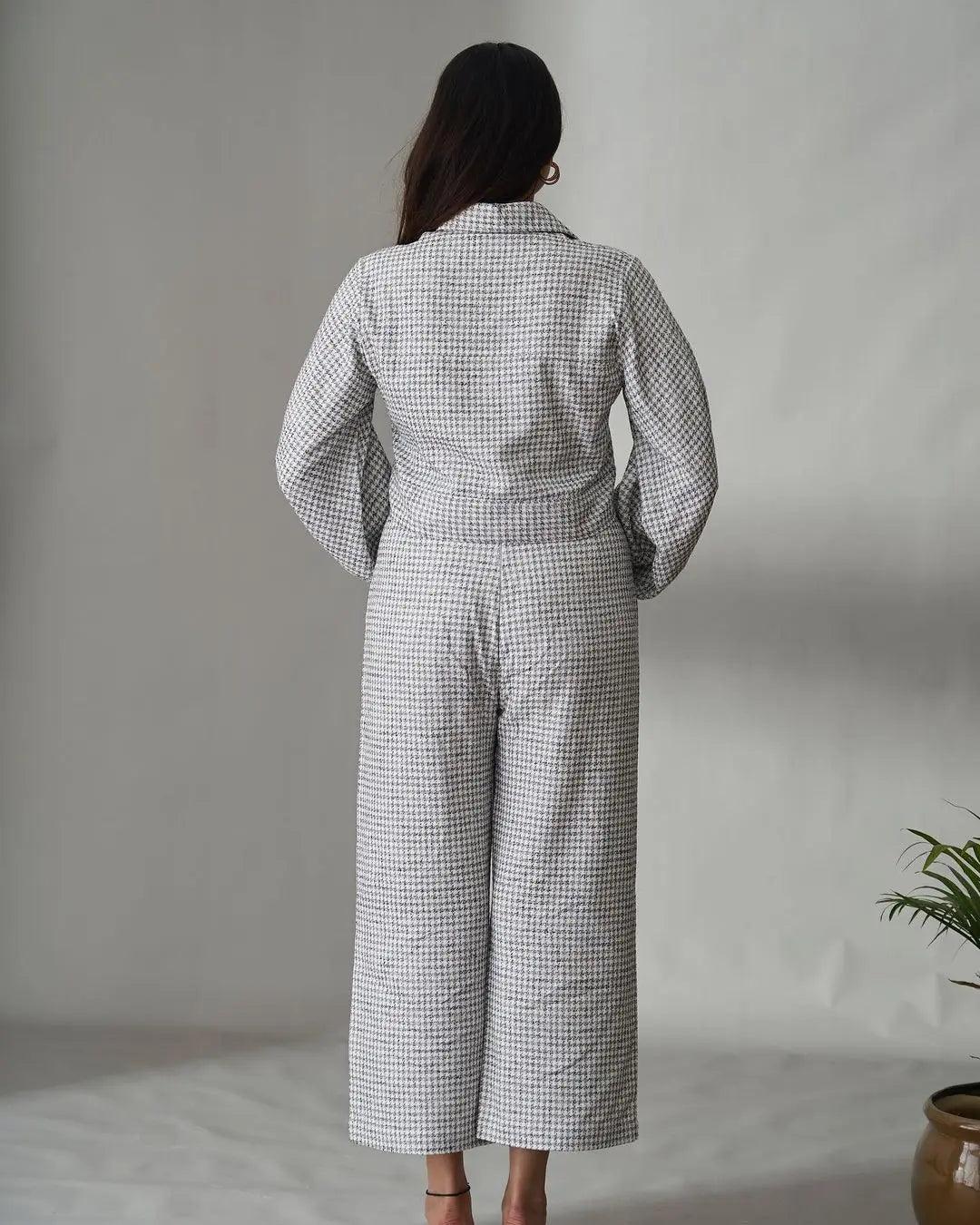Back view of women's dobby co-ord set featuring a stylish oversized jacket and wide-leg pants